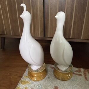 MCM Pair Of White Porcelain Quail On Pedestals, Possibly Royal Dux